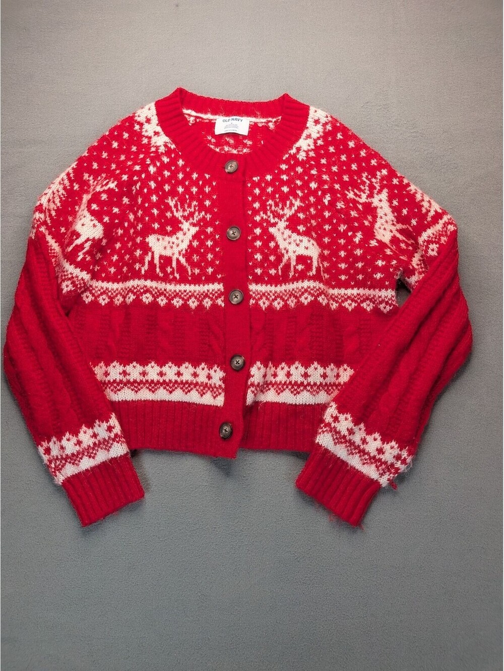 Old Navy Sweater Cardigan Womens M Red Fair Isle Reindeer Christmas Cropped Knit